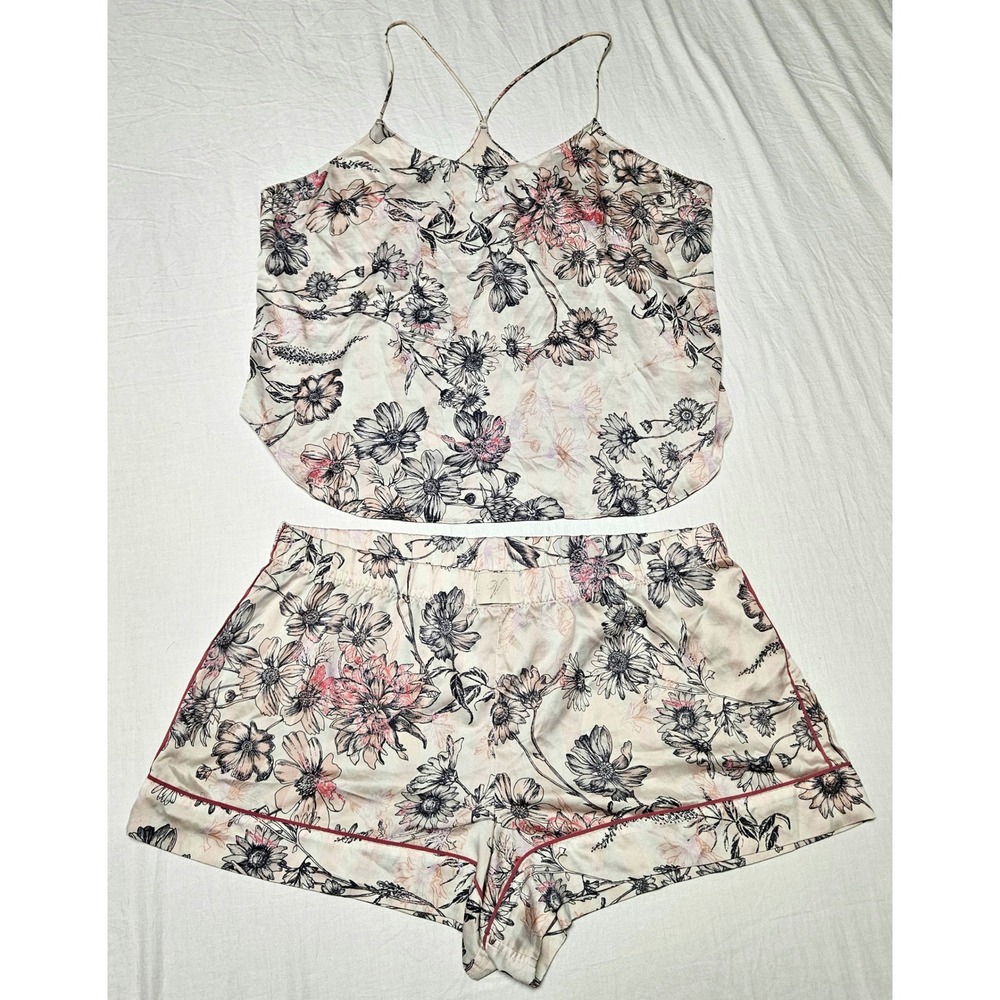 Victoria Secret Pajama Set Women XL Cream Floral Silky Cami and Shorts Set